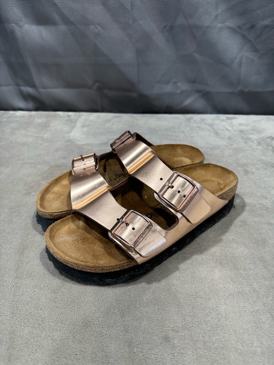 Birkenstock Shoes - Birkenstock Arizona Metallic Rose Gold Slide Sandals